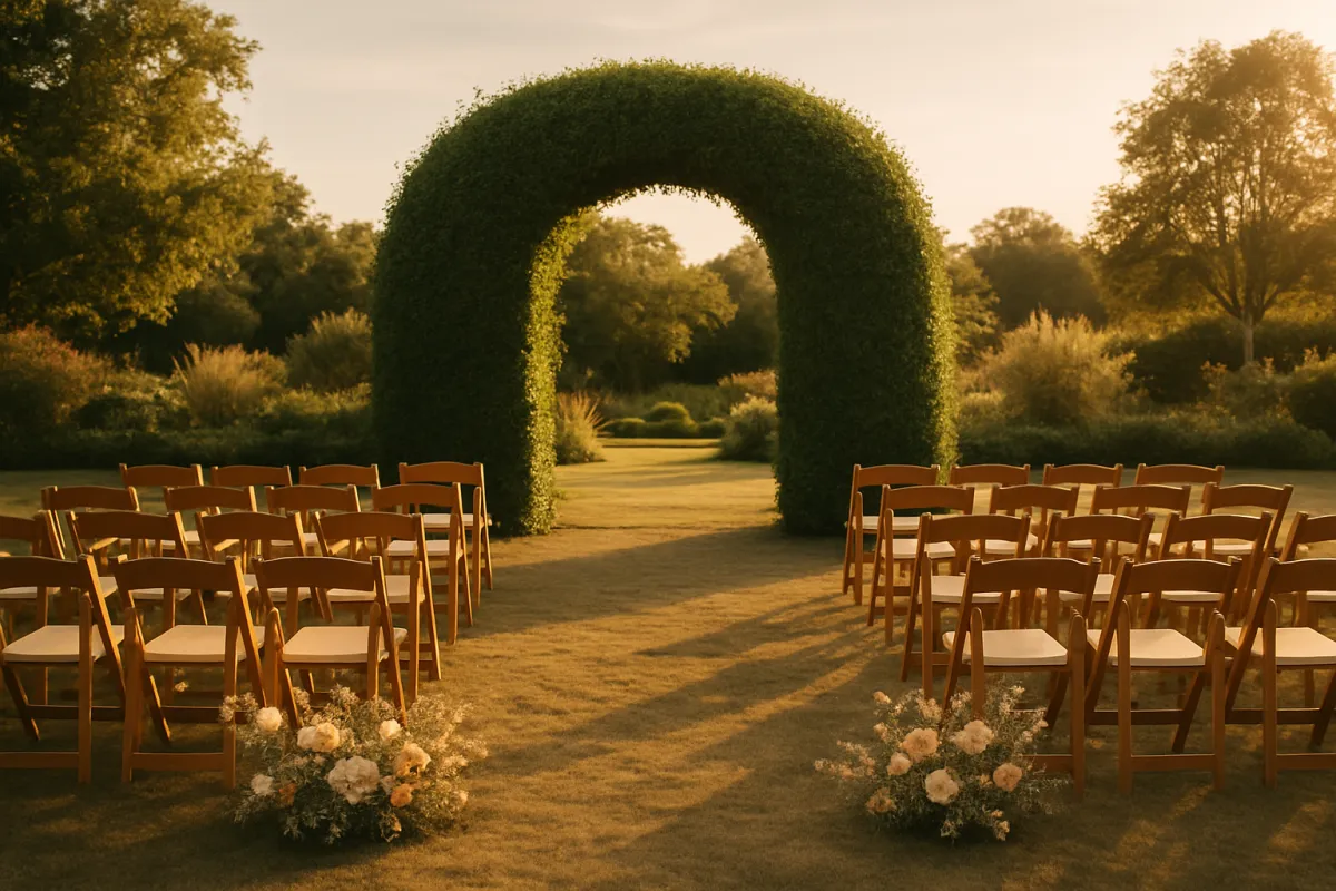 Outdoor intimate civil ceremony setup beside a manicured garden arch