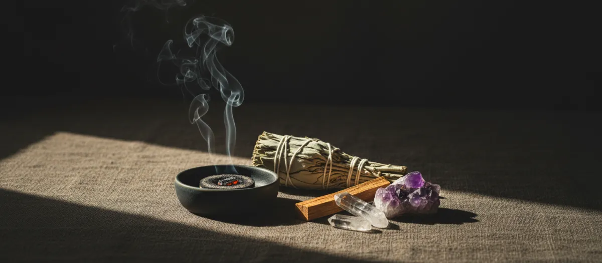 Palo Santo and white sage smudging tools in gentle, natural sunlight resting in a serene healing space