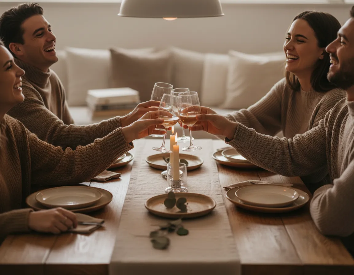 Friends gathered around a warmly lit table, enjoying a relaxed event