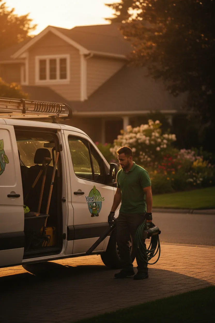 Residential cleanup van parked in a driveway with technician unloading supplies