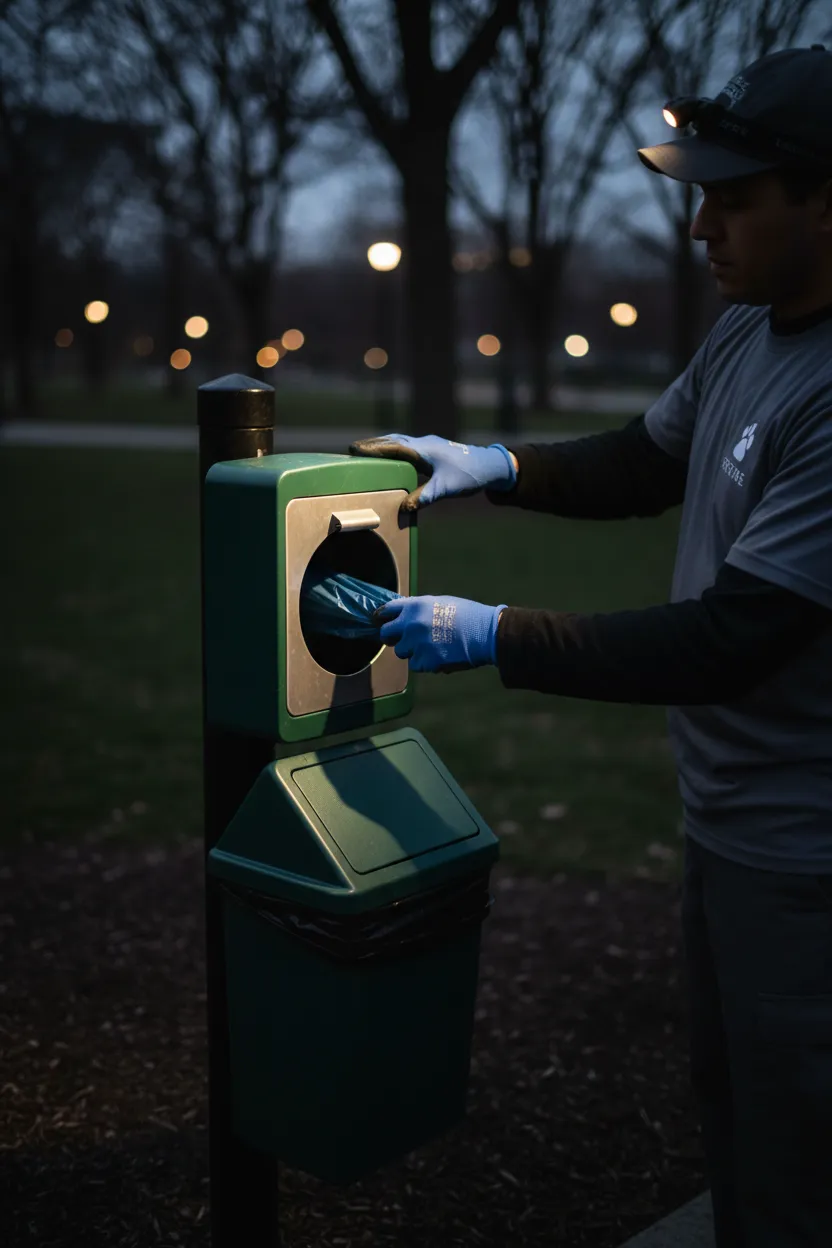 Technician servicing a community pet waste station and restocking bags