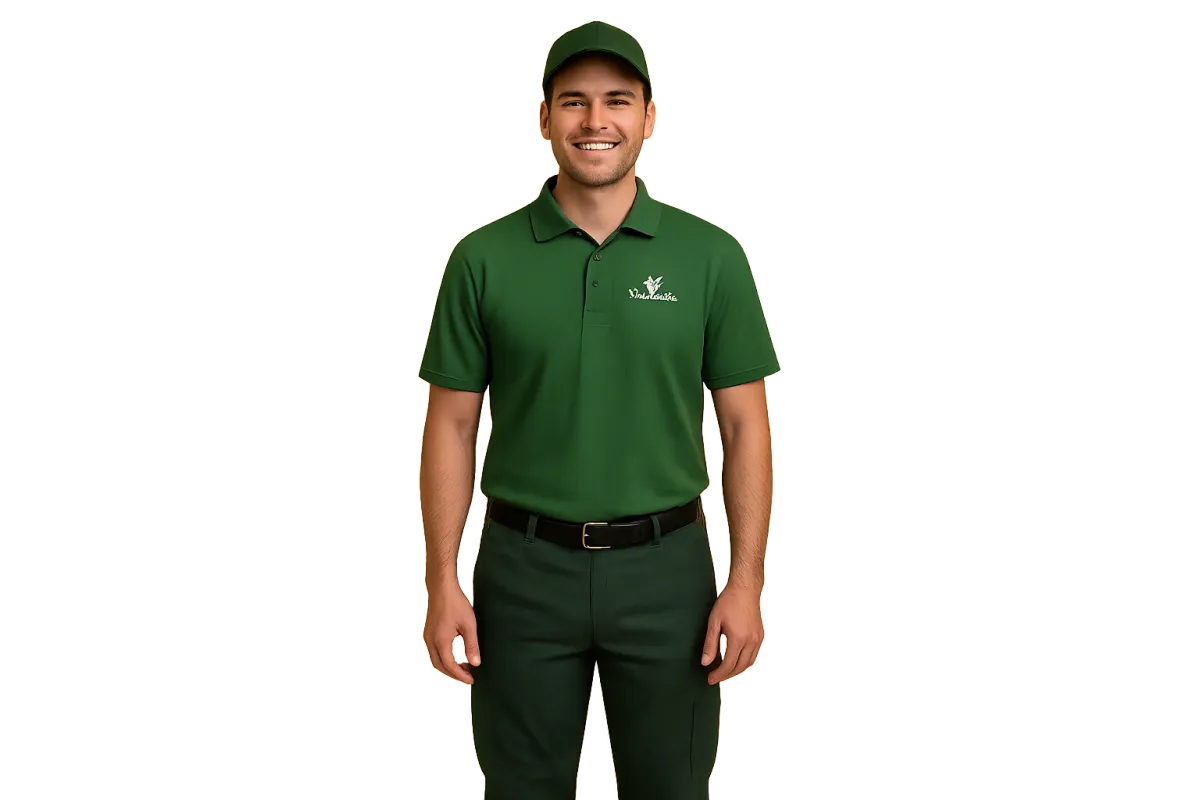 YardMates ScoopPro technician in branded green polo, full body portrait on clean background