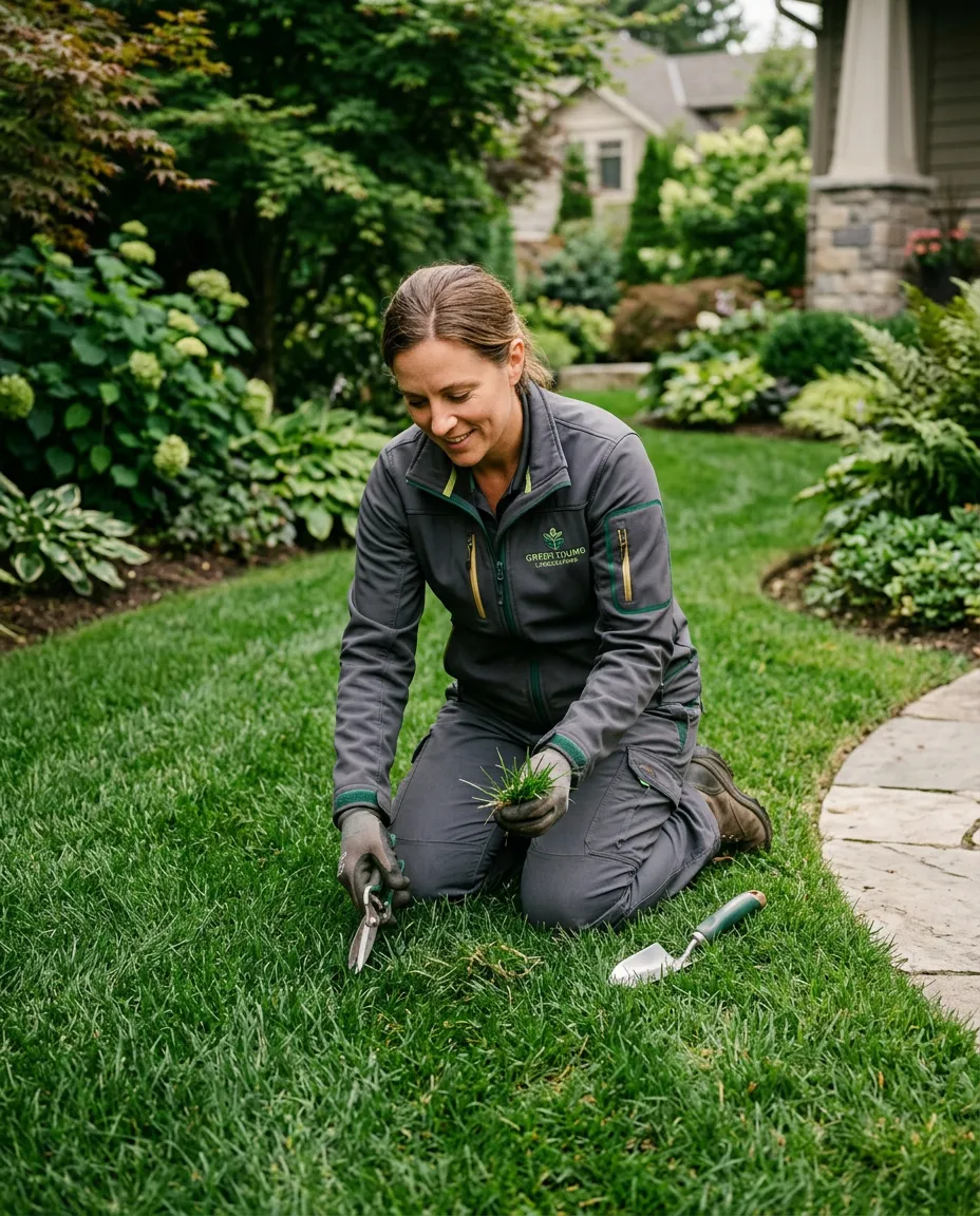 CHR professional landscaper inspecting and manicuring turf on a residential estate