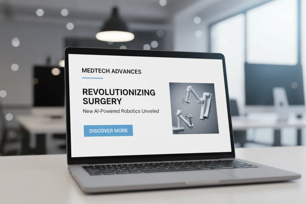 Close-up of a laptop screen showing a Medtech.Technology newsletter mockup with readable headlines and a prominent CTA, soft office bokeh in background, photorealistic composition emphasizing clarity and UX.