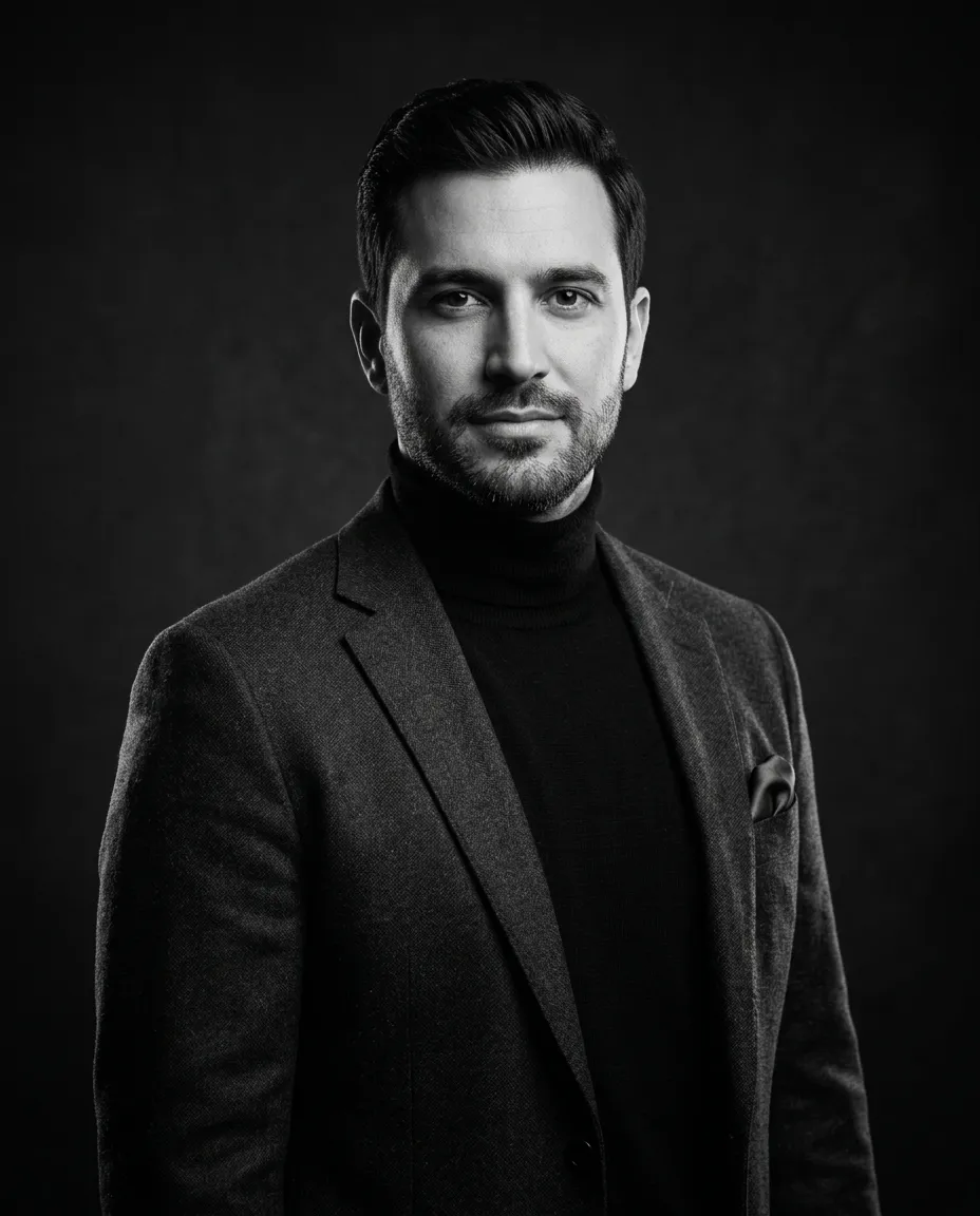 Retrato editorial en blanco y negro de Ian Daniel González Castro, fundador de ATIBA