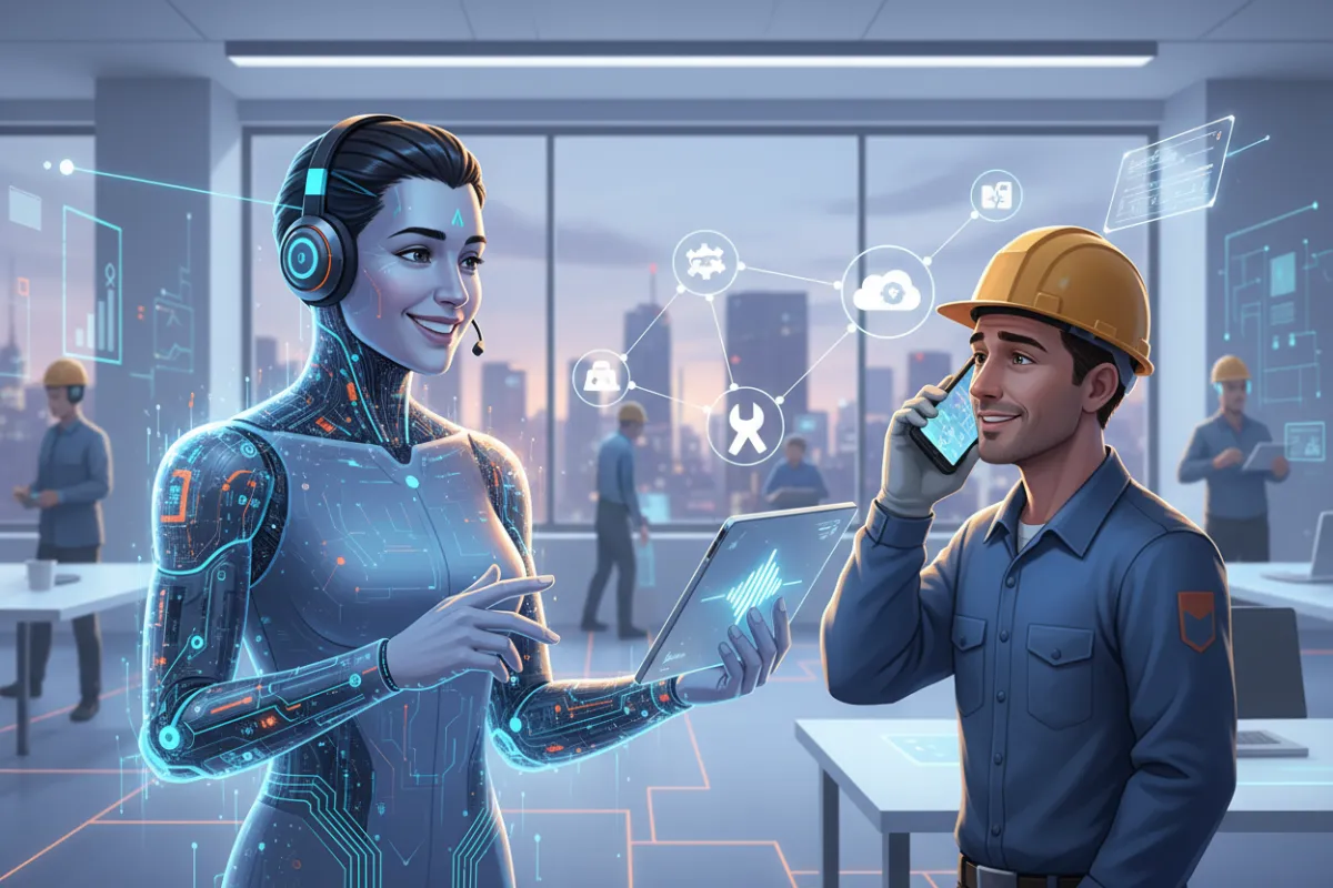 A confident, friendly AI assistant in a headset, digitally rendered, assisting a blue-collar worker over the phone in a bright, modern workspace. The assistant is smiling, with a clear focus on communication, and the background subtly hints at a busy service environment.
