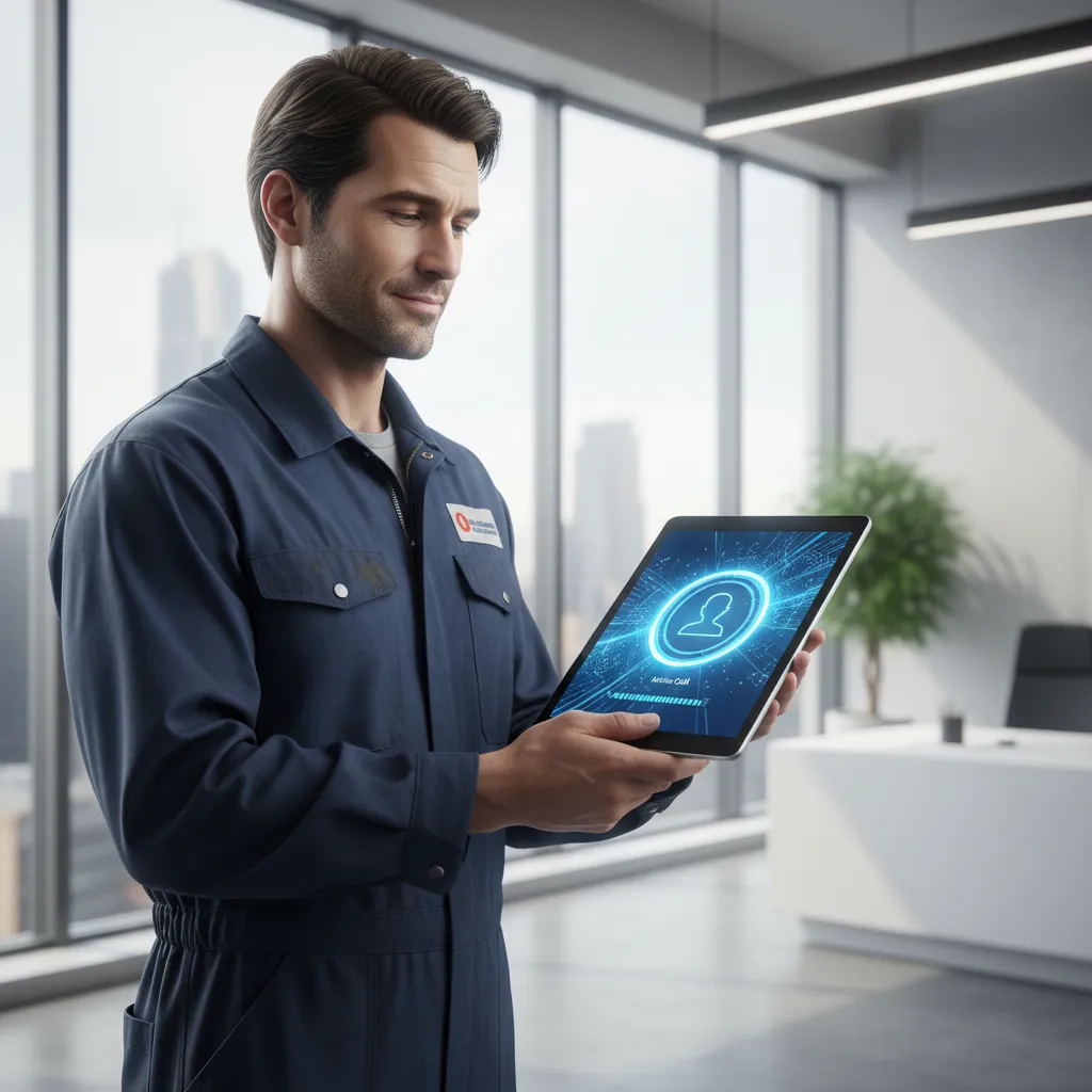 A modern AI receptionist interface displayed on a tablet, with a blue-collar worker in uniform interacting with it in a well-lit office. The interface shows an active call being handled, and the worker looks relieved and focused.