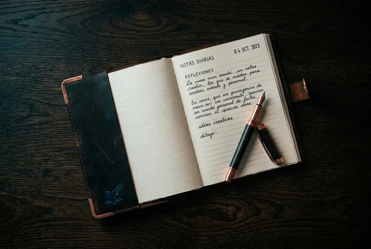 Cuaderno artesanal y pluma estilográfica sobre mesa de roble