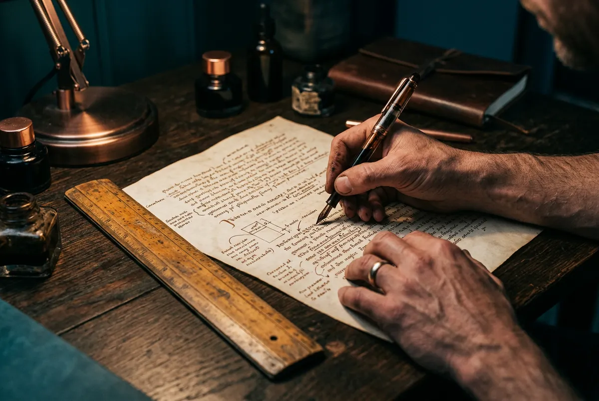 Manuscrito con correcciones en tinta sepia y regla de madera