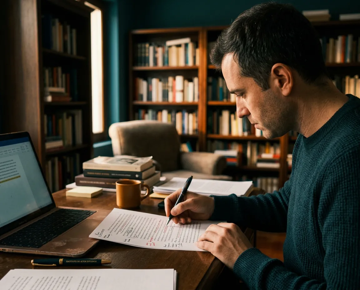 Escritor trabajando en la revisión de un borrador mecanografiado en su biblioteca