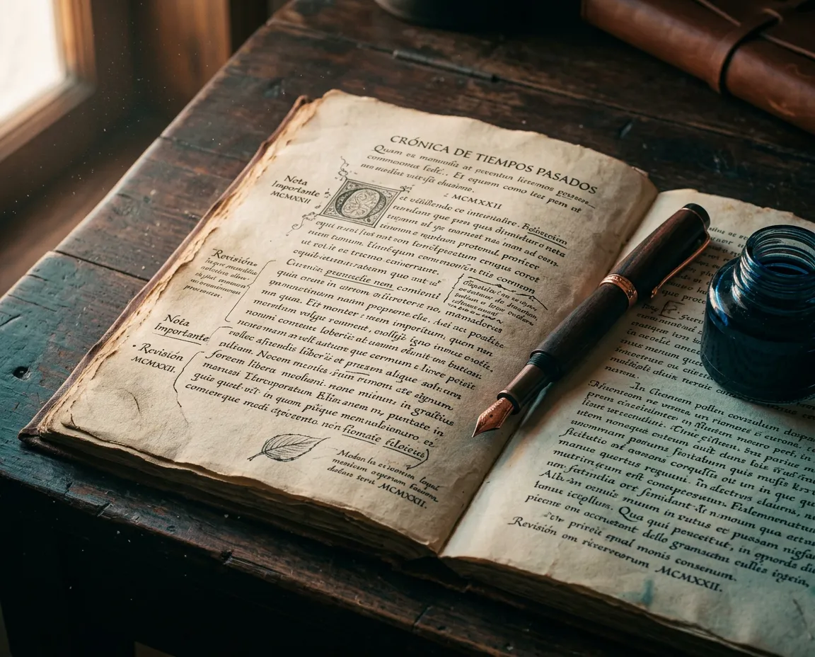 Manuscrito con anotaciones caligráficas y pluma estilográfica sobre mesa de madera