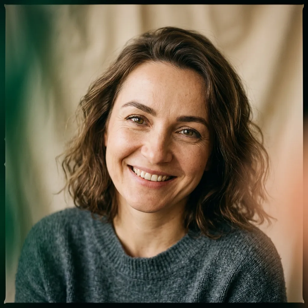 Elena Rostova, 42, smiling with renewed vitality and peace