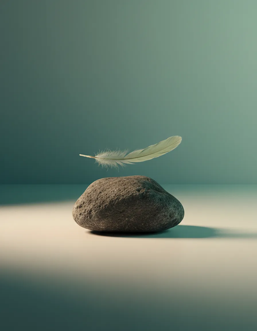 A minimalist metaphor showing a heavy textured object next to a floating light object