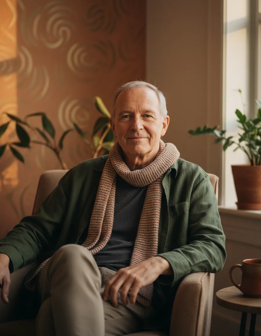 Portrait of Peter Bennett smiling gently in a calm, warm-toned space
