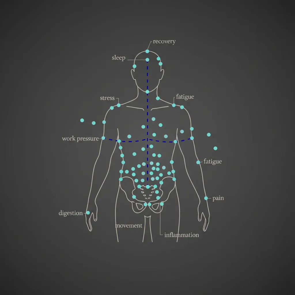 Calm dot-to-dot illustration representing fragmented symptoms being joined together.