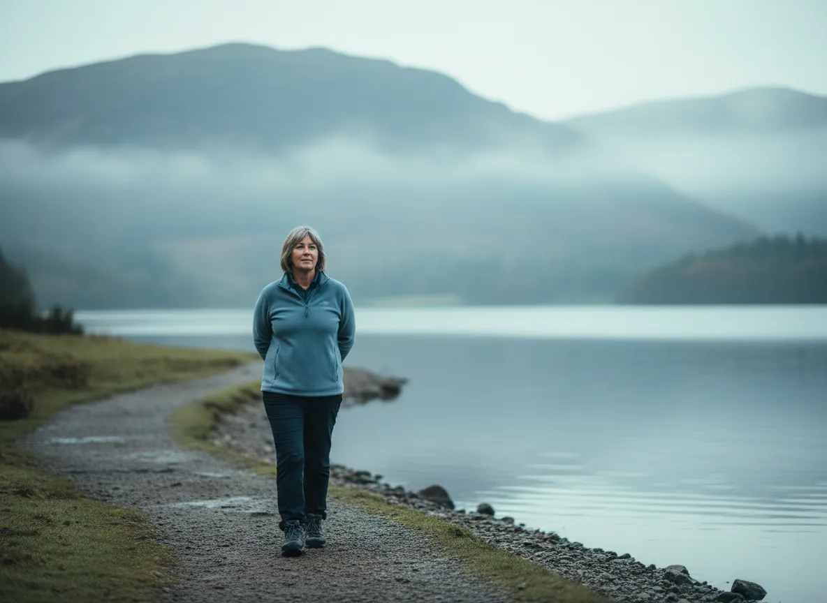 Calm middle-aged person in Cumbria enjoying a quiet morning walk with renewed energy