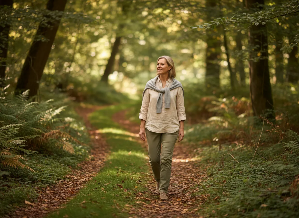 Calm person walking in nature, representing steady health and recovery
