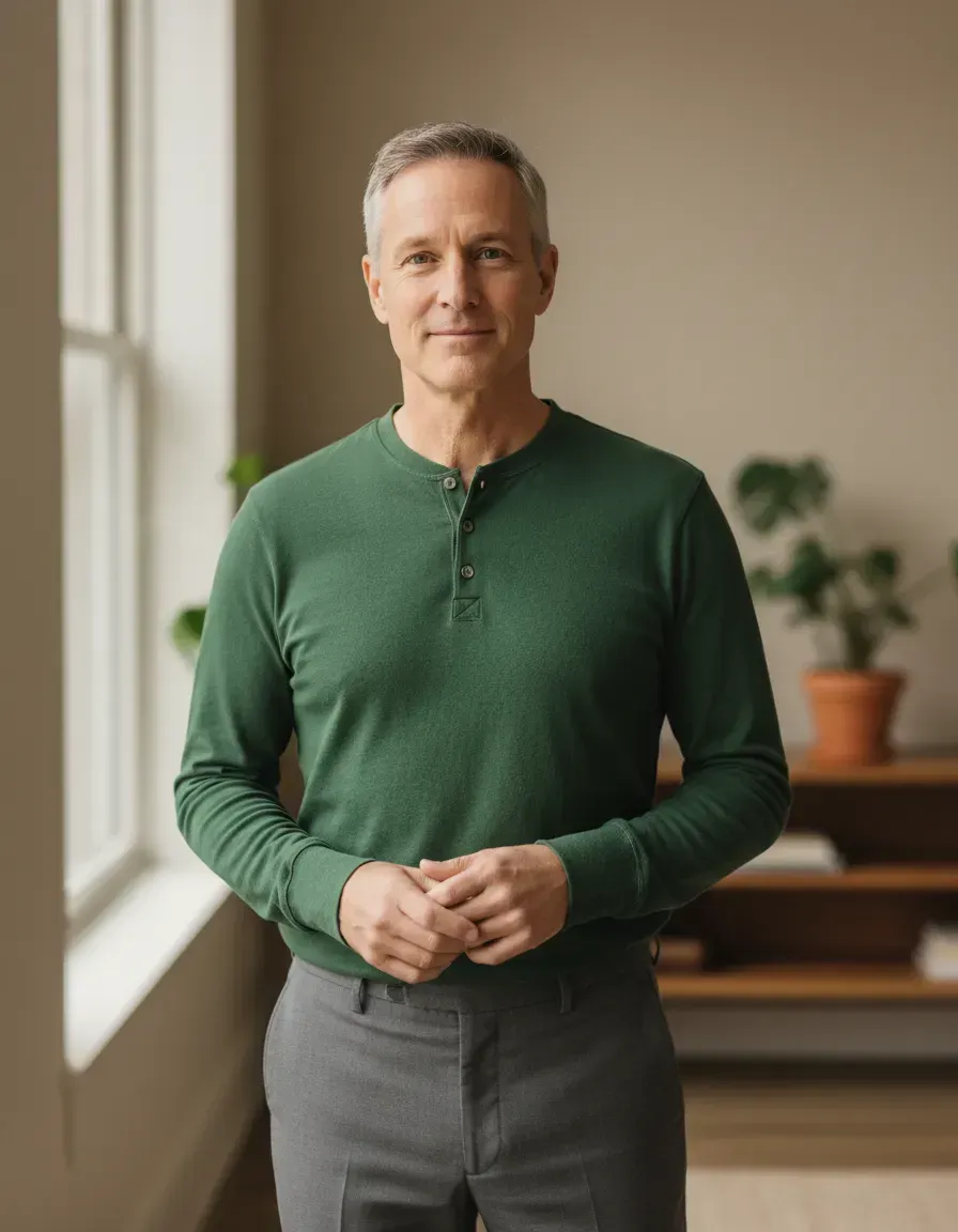 A calm professional seated with a notebook in a soft, natural light setting