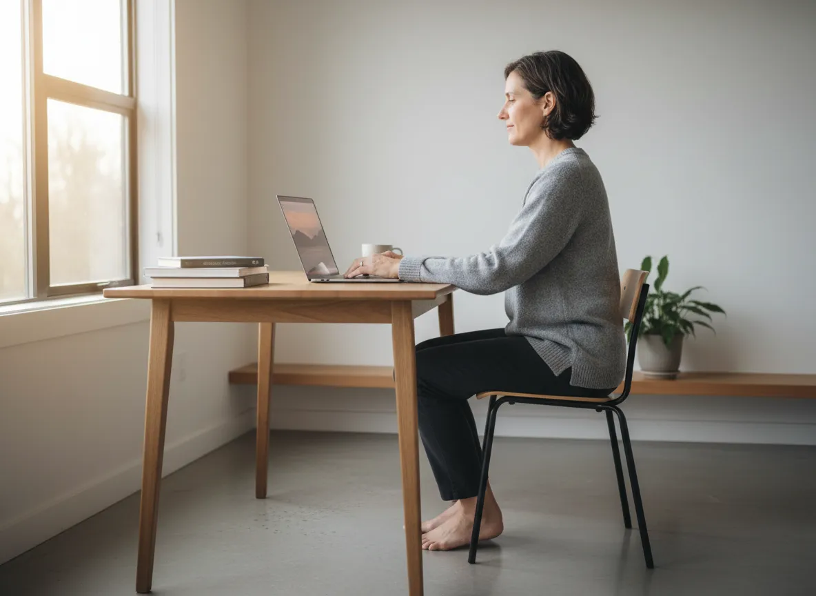 Person sitting calmly at a desk with neutral posture