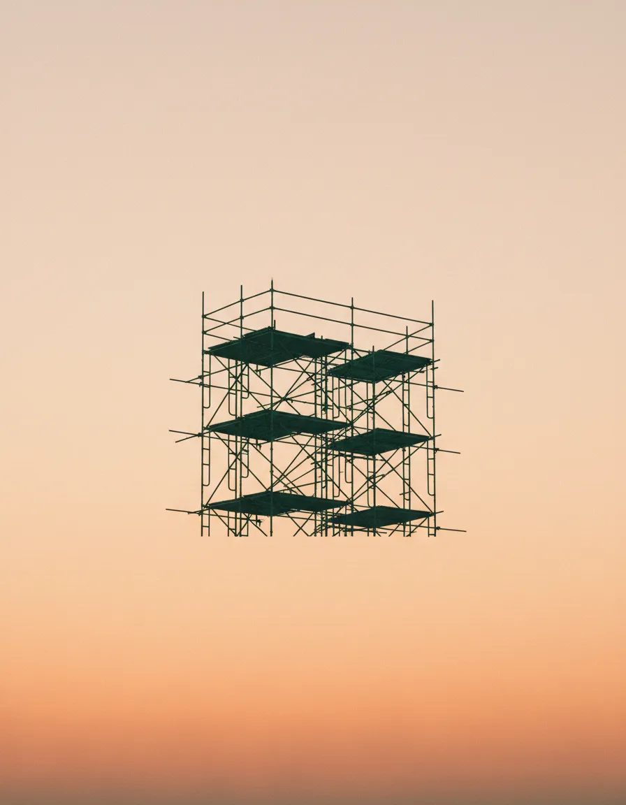 Scaffolding structures blending into an organic landscape