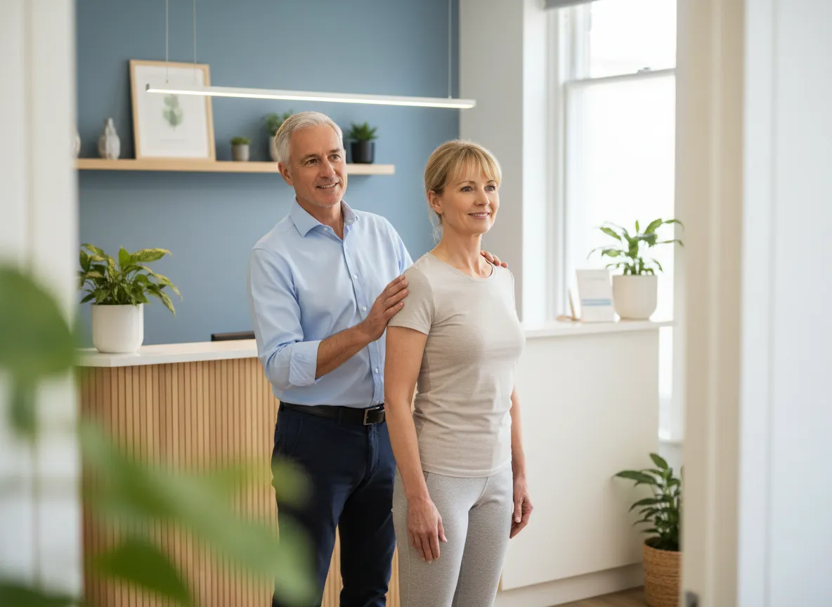 A calm, professional assessment room focusing on gentle spinal care