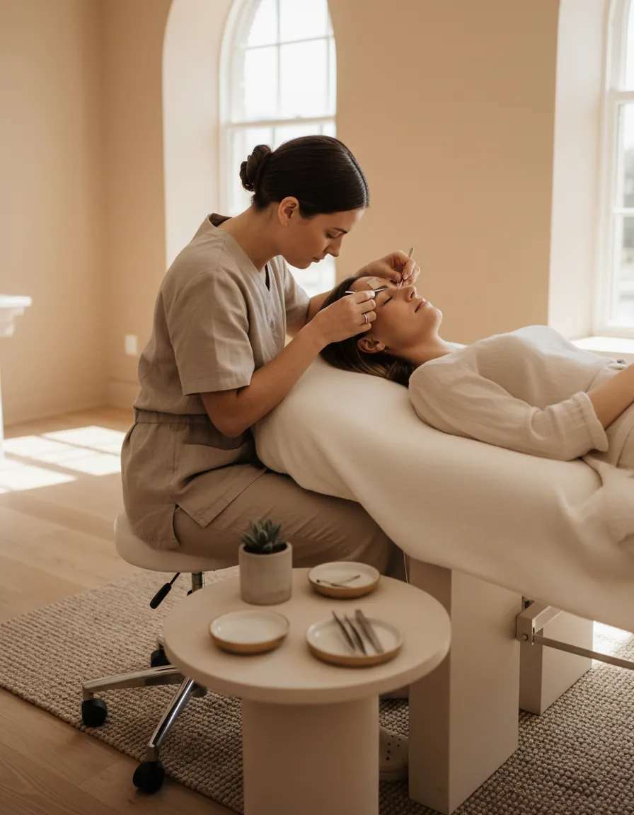 Artist refining a guest's brows in a minimal, light-filled studio