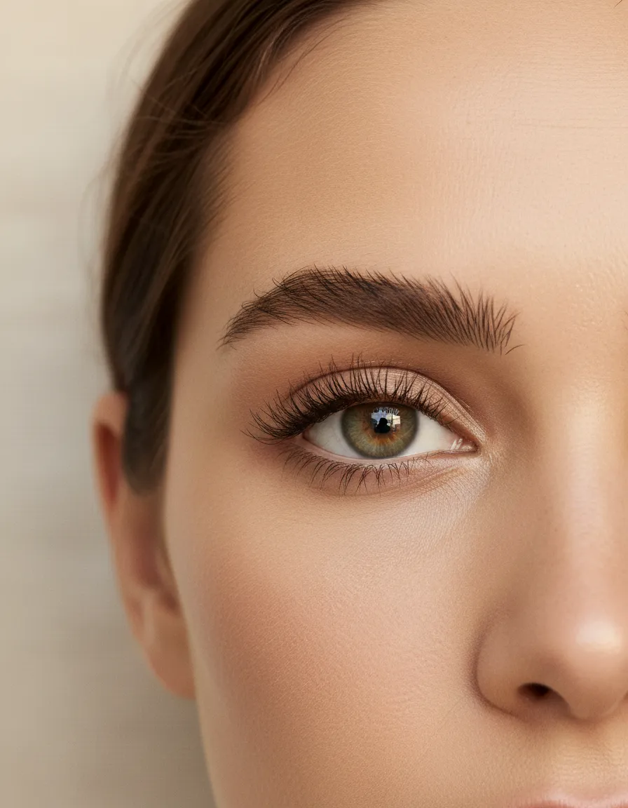 Detail of sculpted brows and lashes in natural light