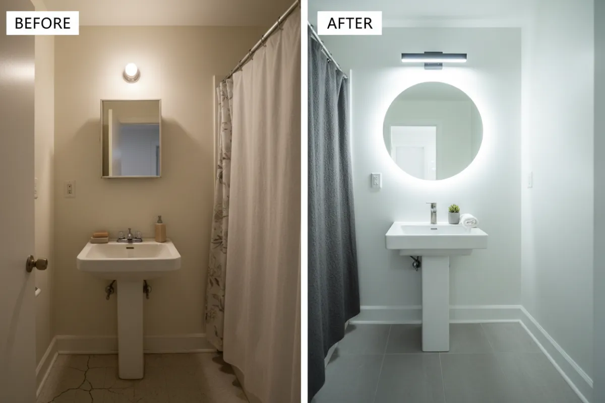 Before-and-after montage showing low-cost home improvements like paint and fixtures.