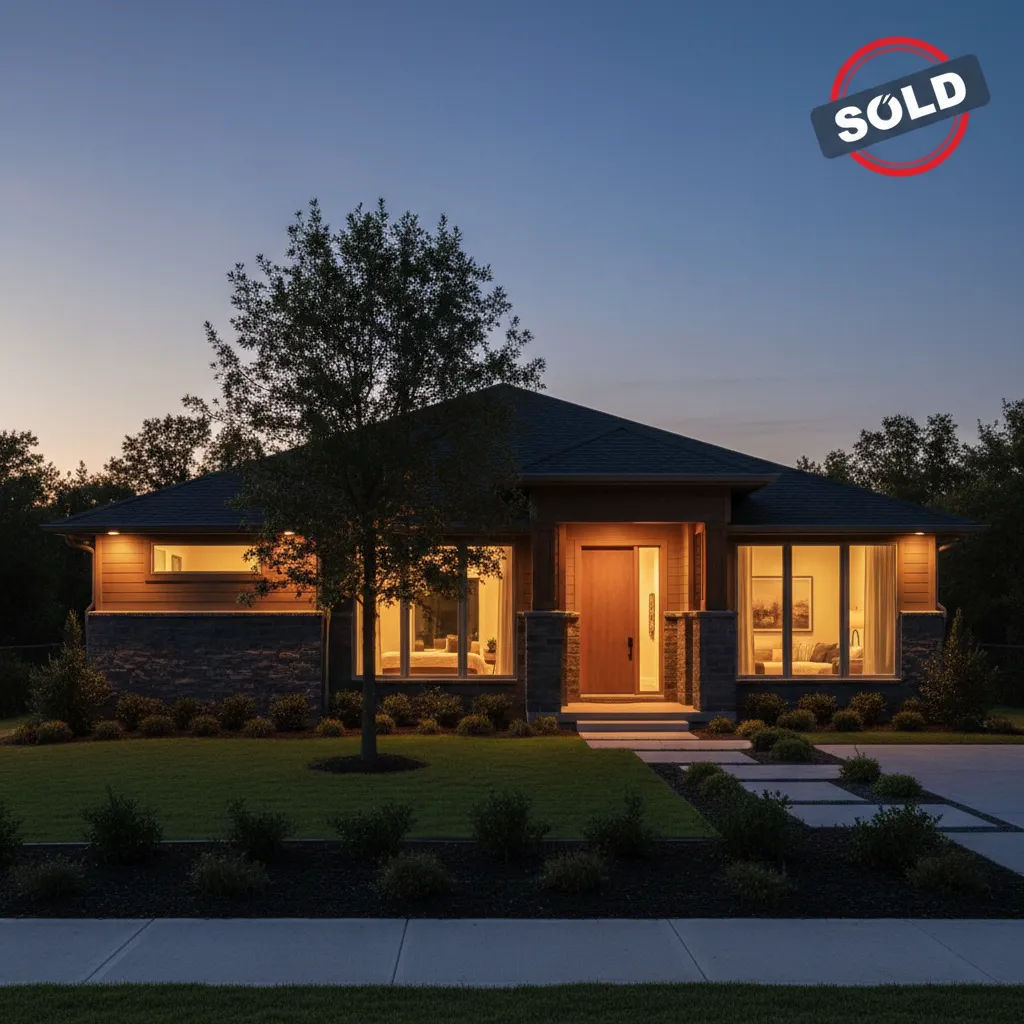Sold property at twilight with Sold branding