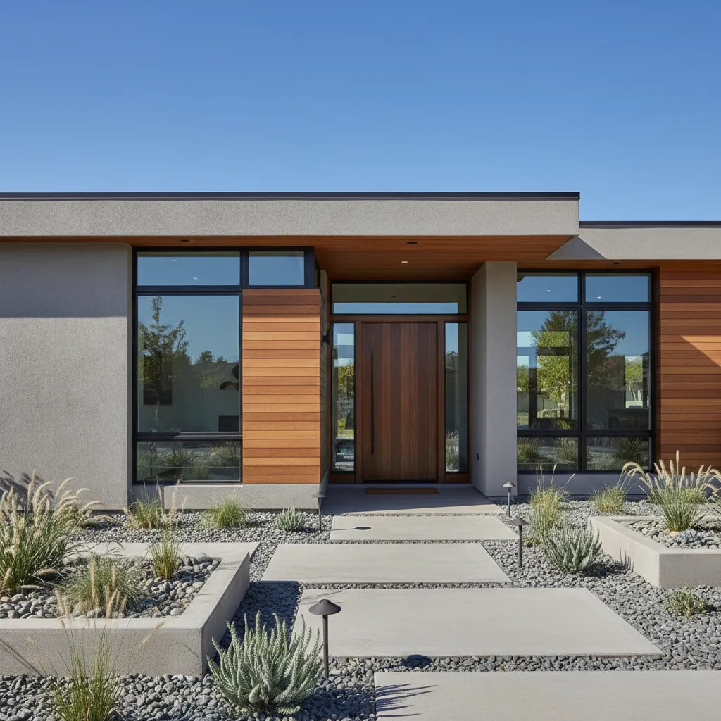 Modern home exterior with neutral landscaping in a square crop.