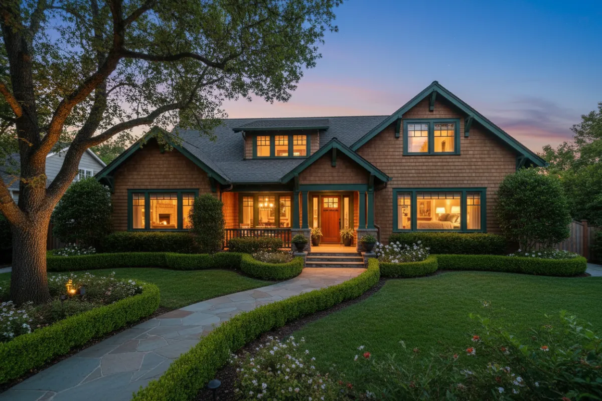 Featured single-family home with manicured yard at dusk