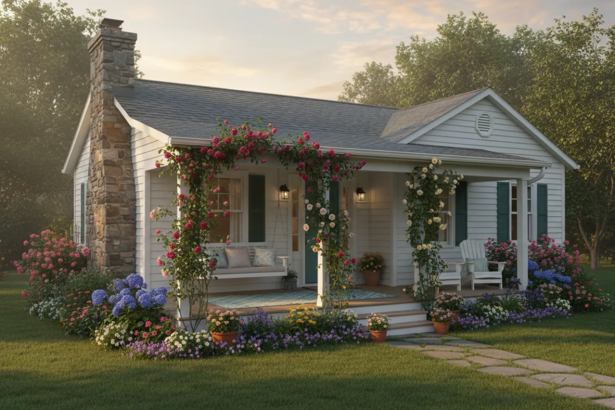 Charming bungalow front with flowering landscaping and inviting porch
