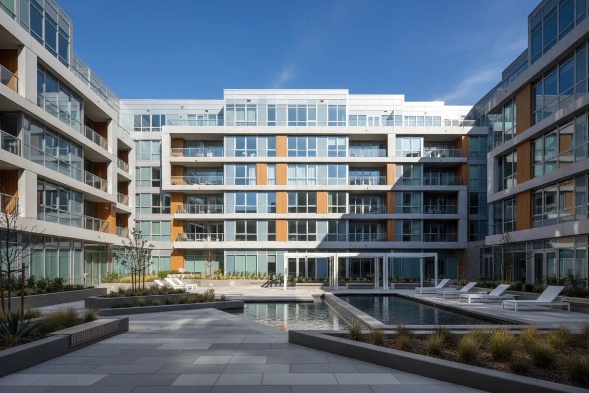 Contemporary condominium exterior with amenity courtyard