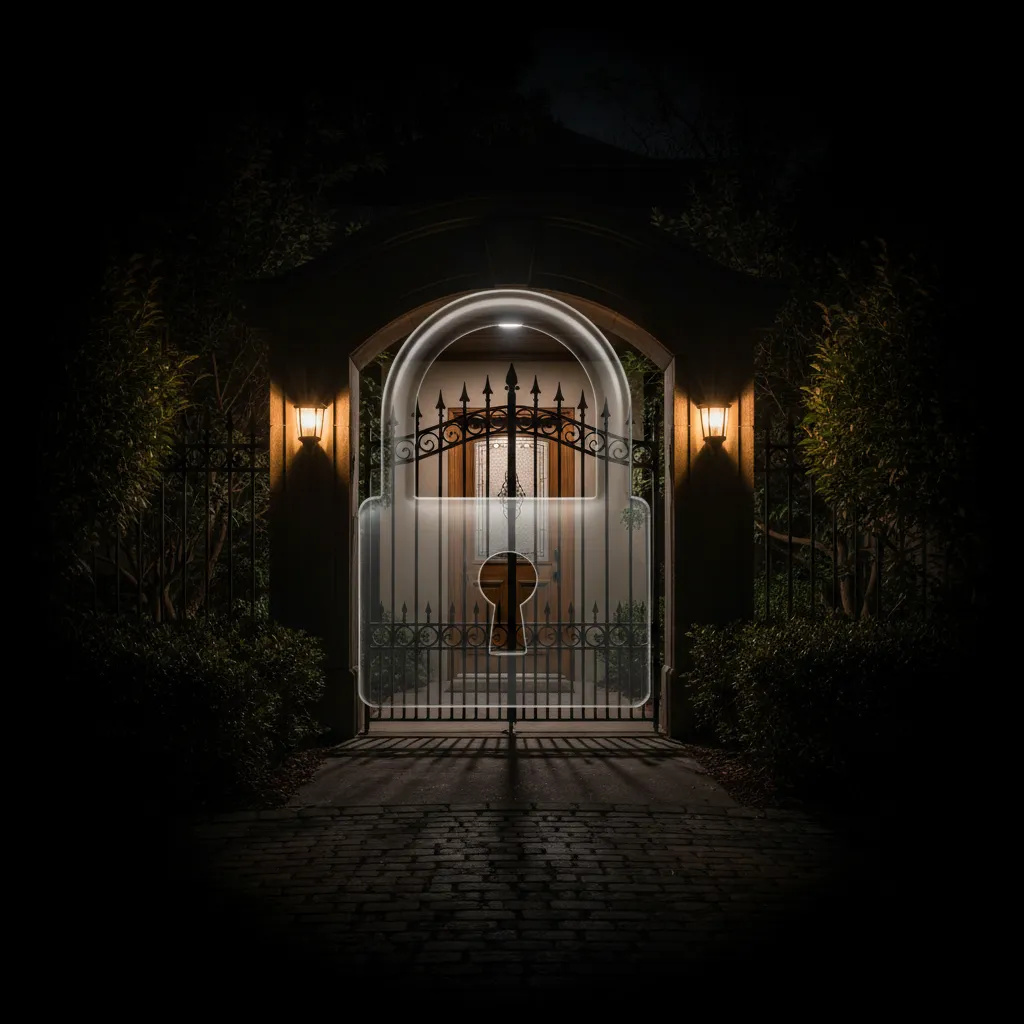 Gated listing exterior with lock overlay at night