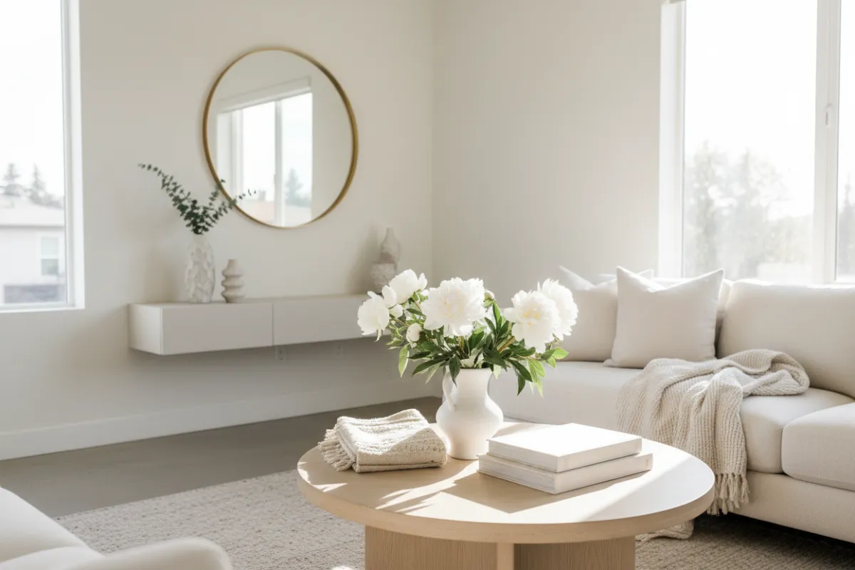 Stylish staged home interior with neutral decor and fresh flowers illustrating presentation tips.
