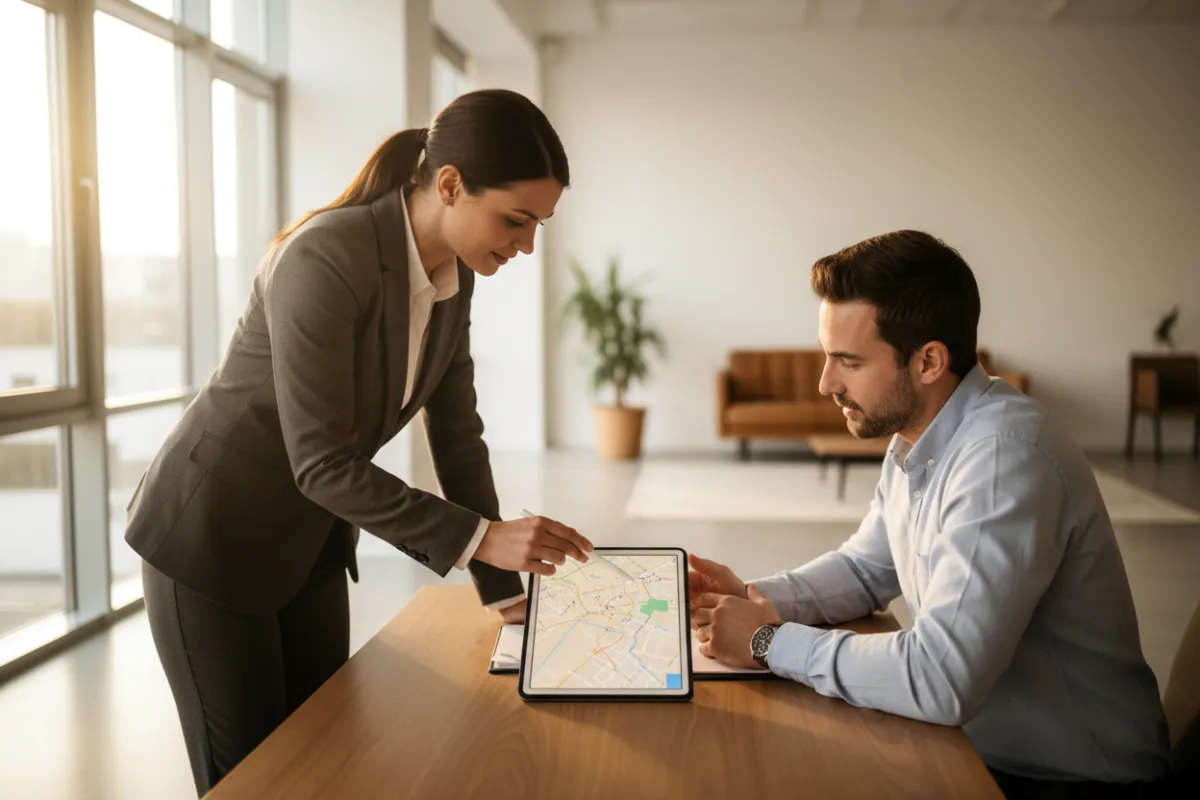 Agent and client reviewing off-market strategy on a tablet in a modern office