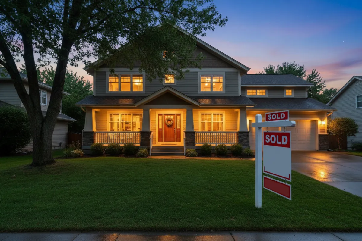 Exterior family home with SOLD sign at twilight