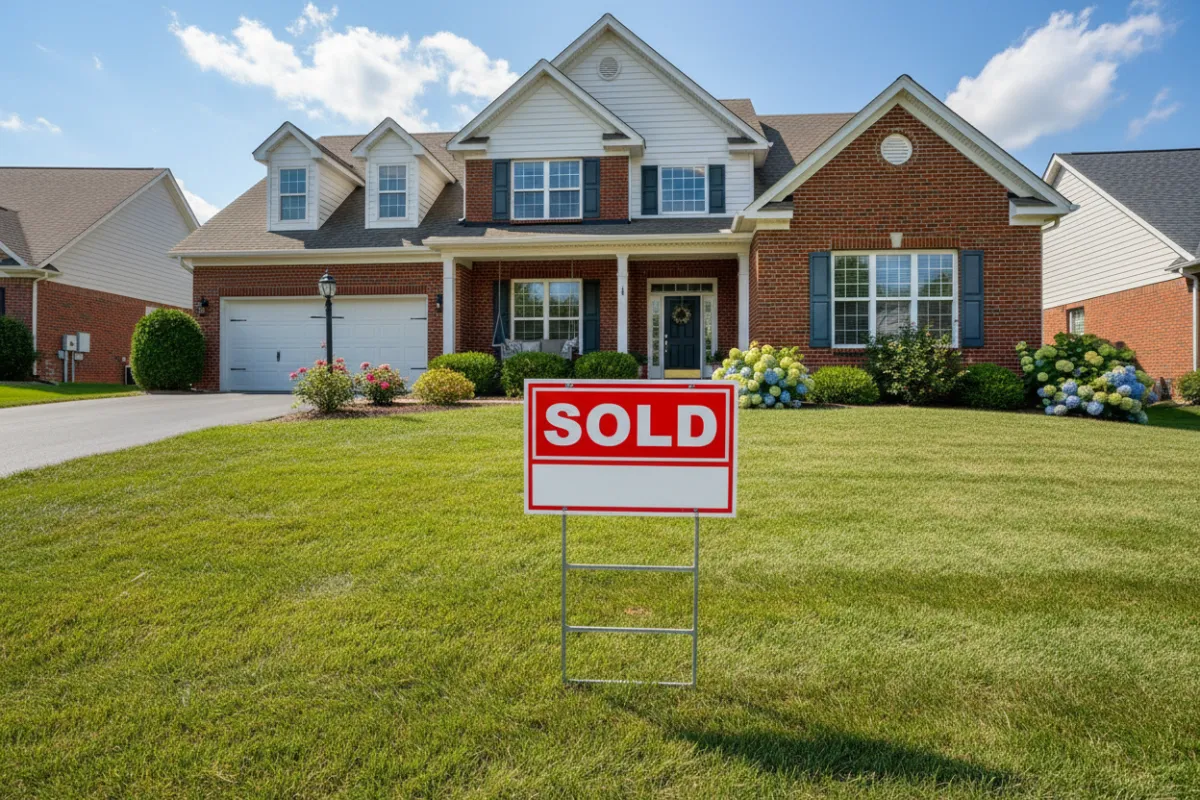 Exterior sold property with SOLD placard on a manicured lawn