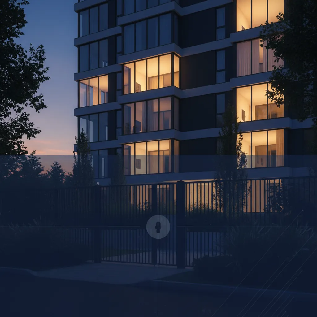 Modern apartment exterior with subtle locked overlay