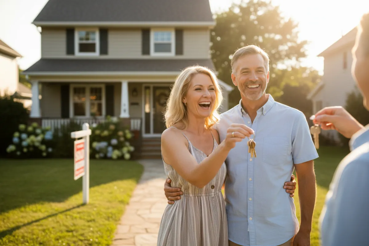 Joyful homeowners receiving keys in front of their sold home.