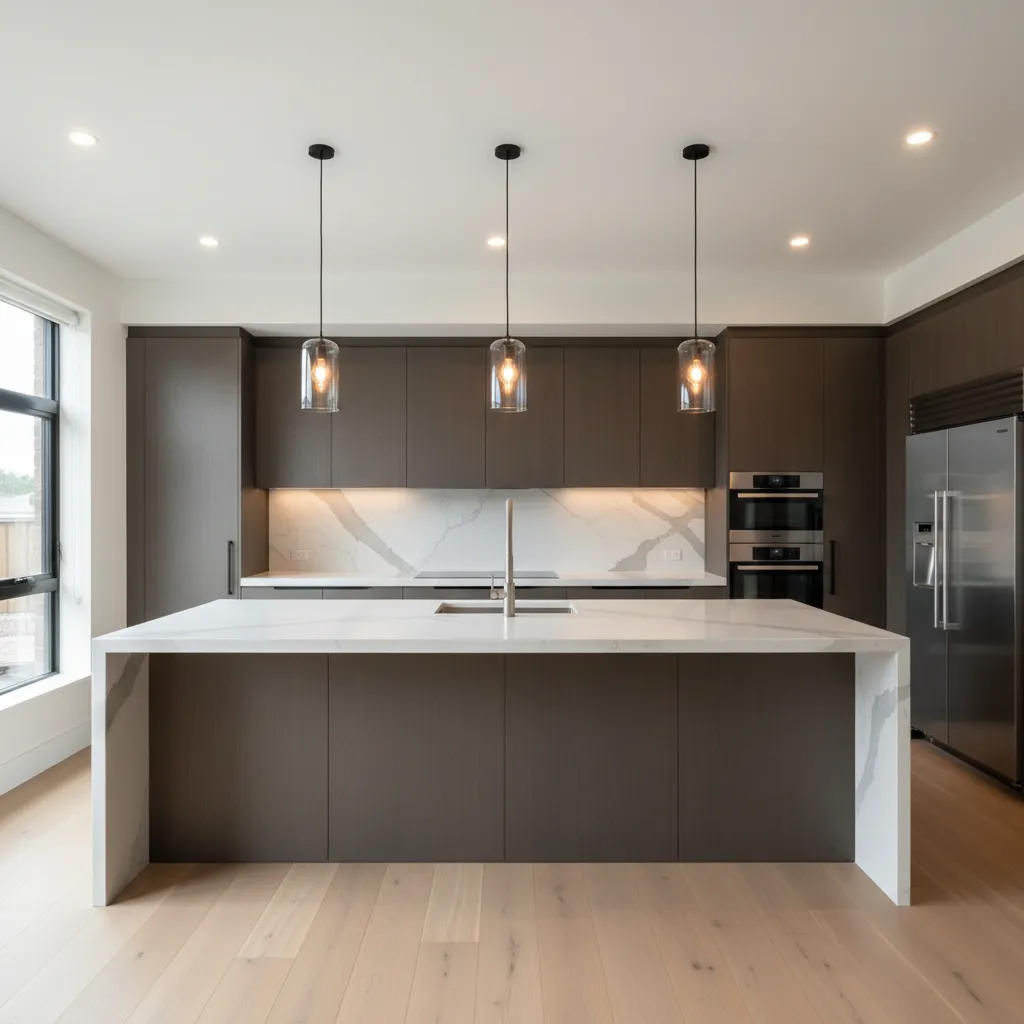 Modern kitchen with island and pendant lights in a square crop.