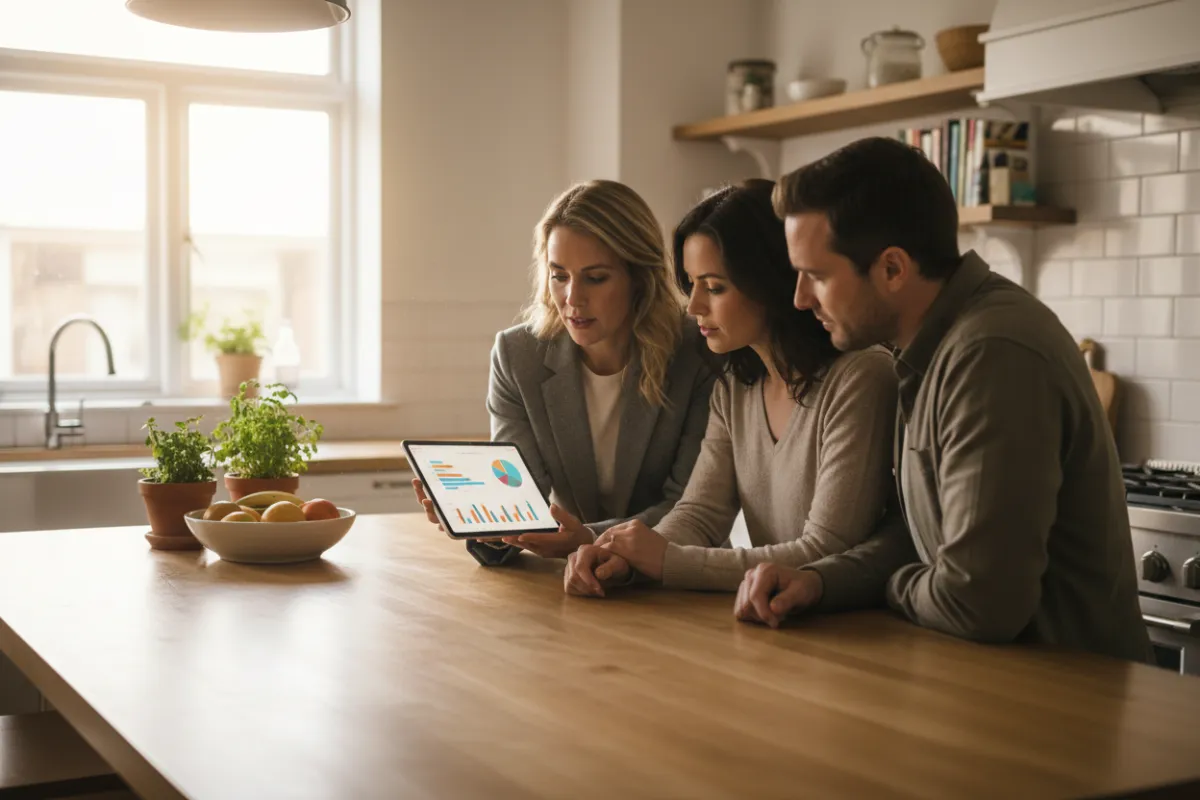 Agent presenting data on tablet to homeowners at kitchen island, illustrating practical real estate advice.