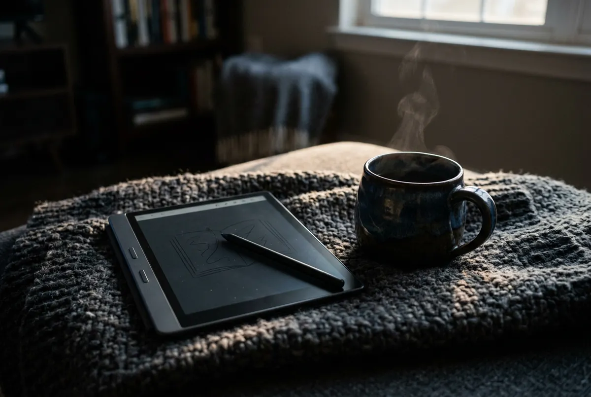 Digital tablet and stylus beside a lightweight e-reader display