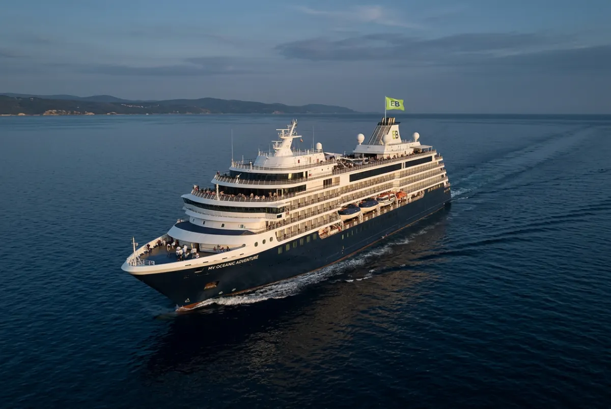 Majestic cruise ship navigating blue ocean waters