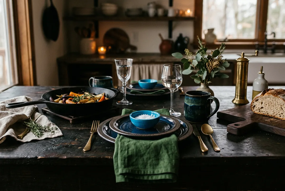 Artisan cookware, elegant dinnerware, and dining table setting