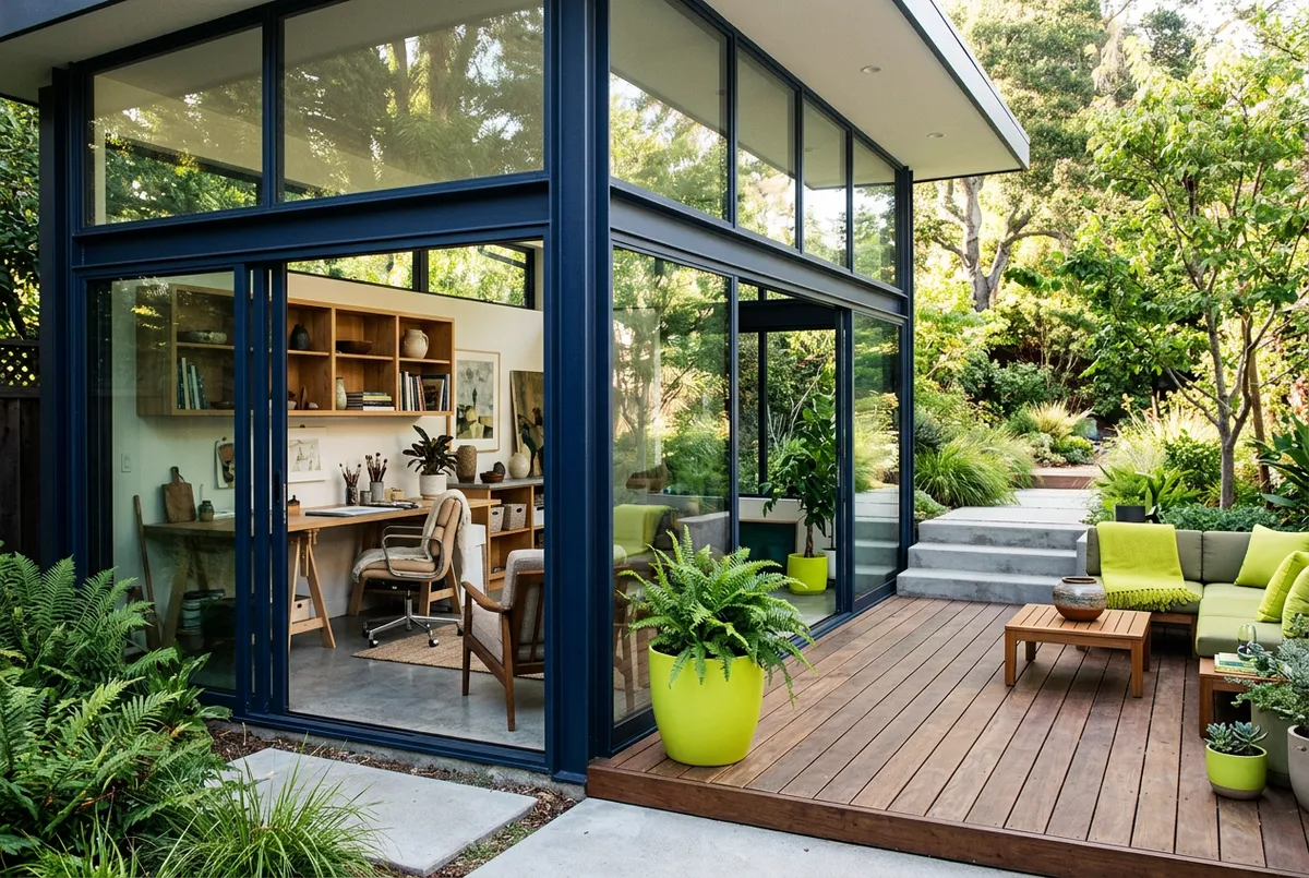 Glass-enclosed porch and deck conversion ADU functioning as an indoor-outdoor studio suite