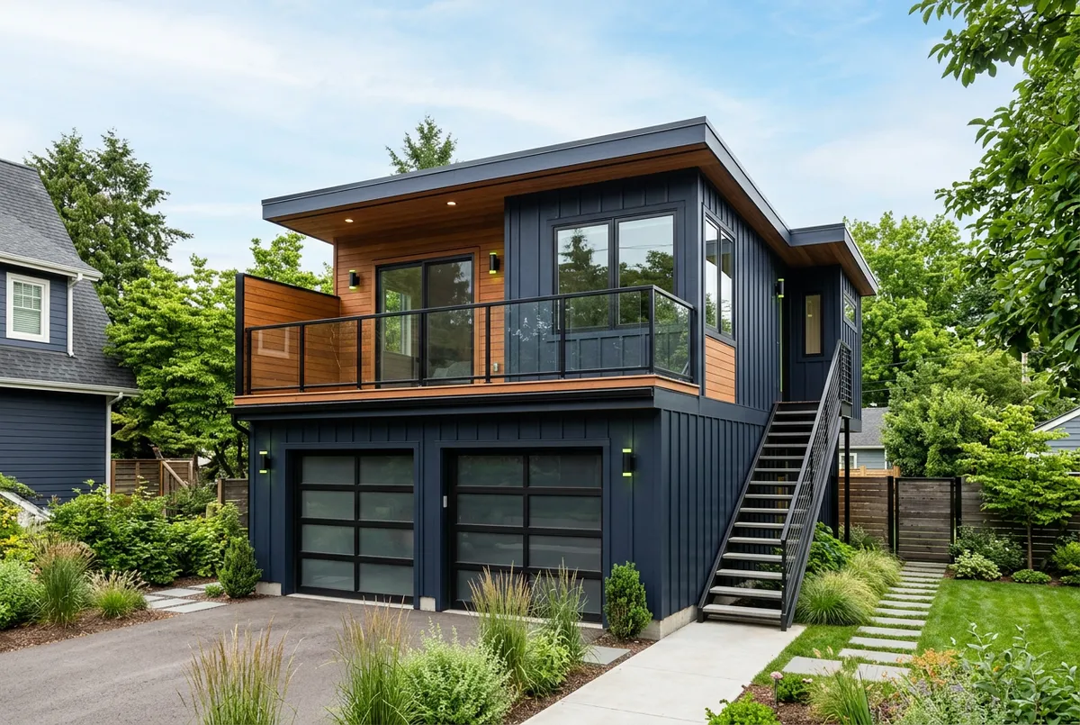 Two-story detached garage with custom modern above-garage apartment ADU living suite