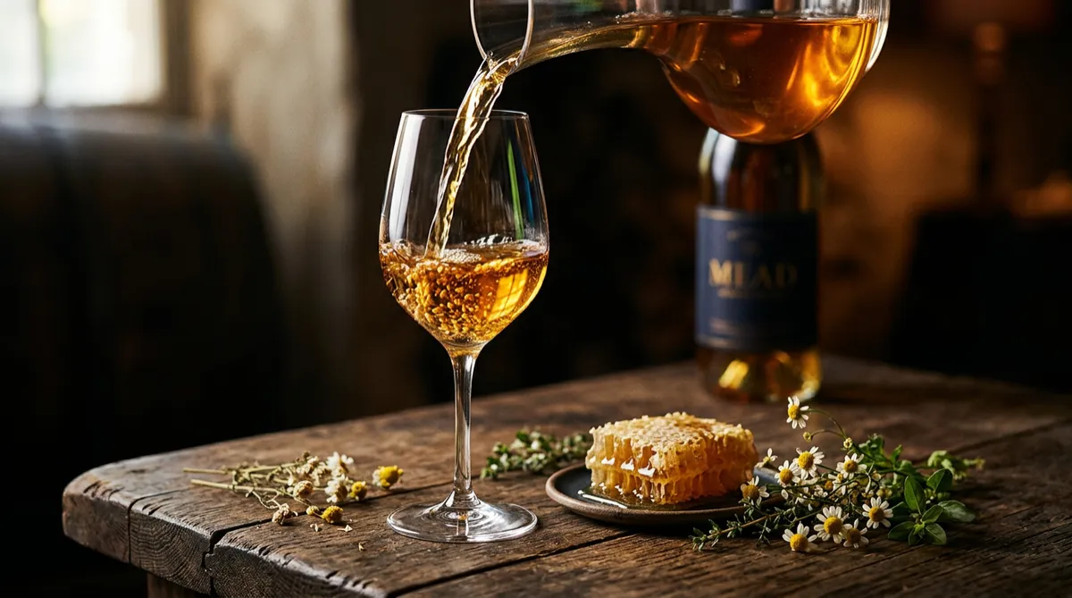 Beedvine Honey Wine selection bottle and glassware