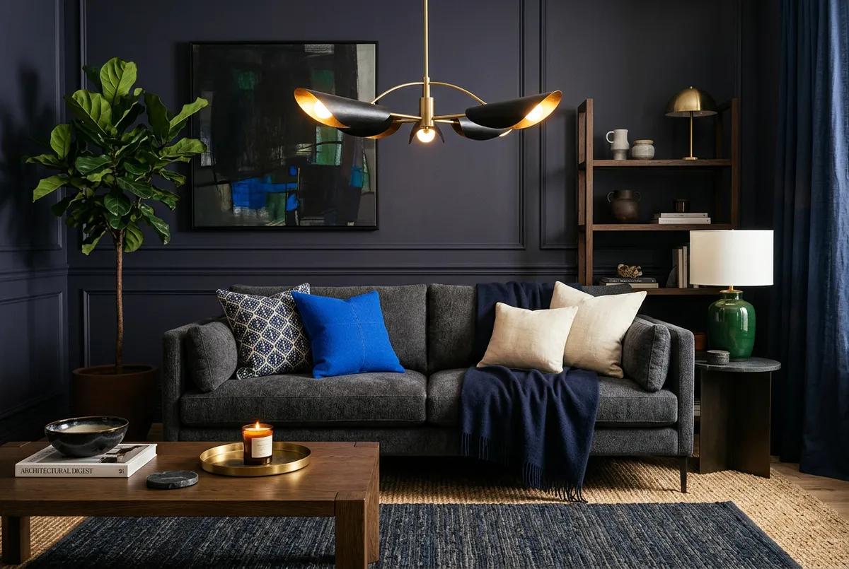 Modern living room furniture, warm lighting, and designer rugs