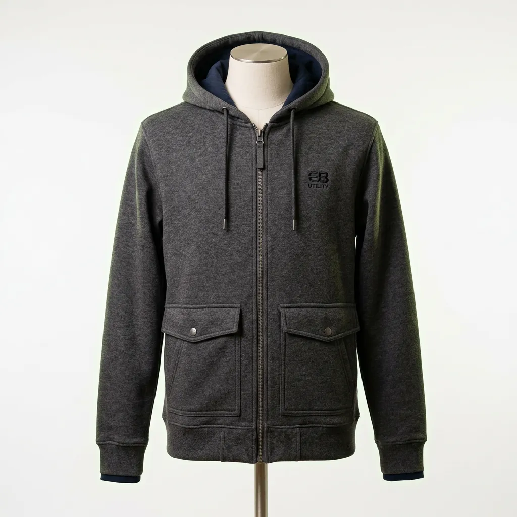 EB Utility Hoodie in Heather Charcoal front mockup on clean background